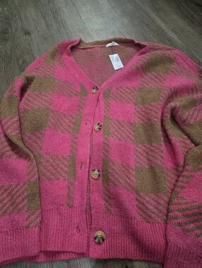 Maurices Pink and Brown Plaid Button-Up V-Neck Cardigan